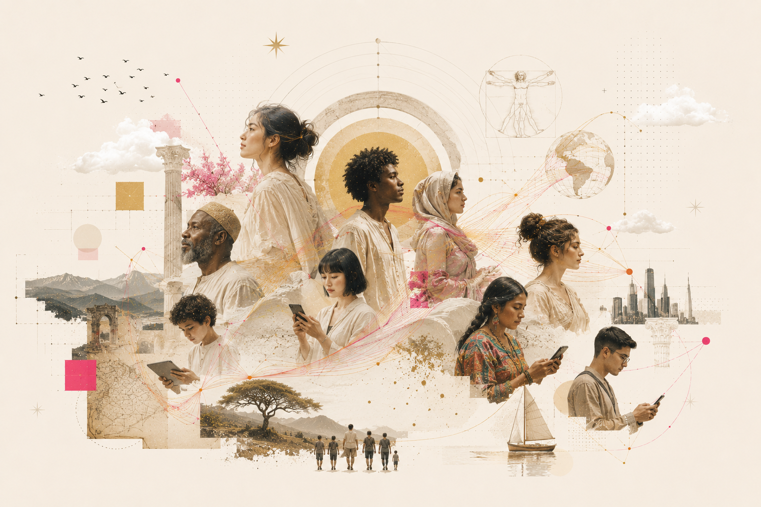 Collage of people across cultures, ages and geographies connected by threads of signal
